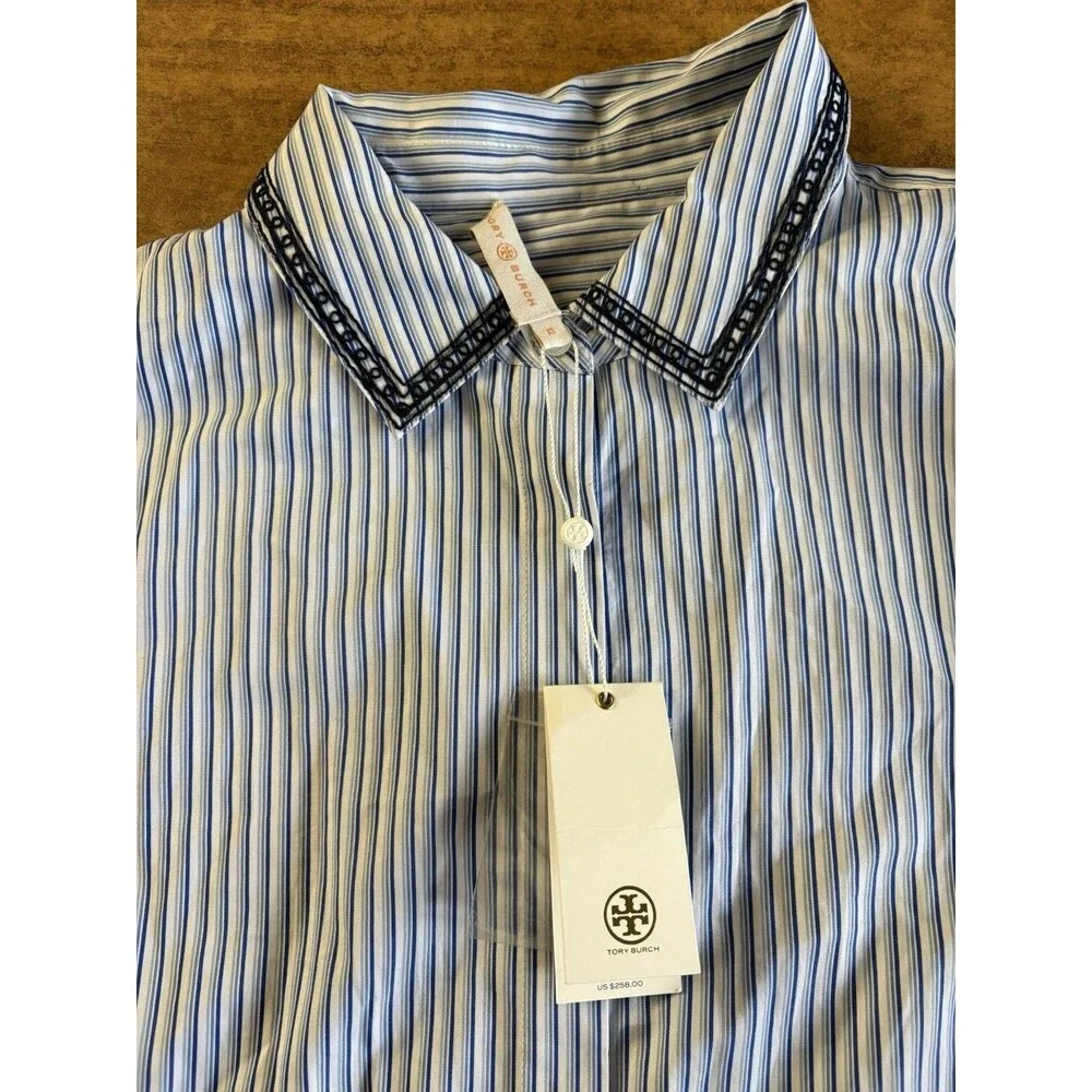 Tory Burch Blue White Pinstripe Cotton Paige‎ Top Bell Sleeves Size 12 NWT